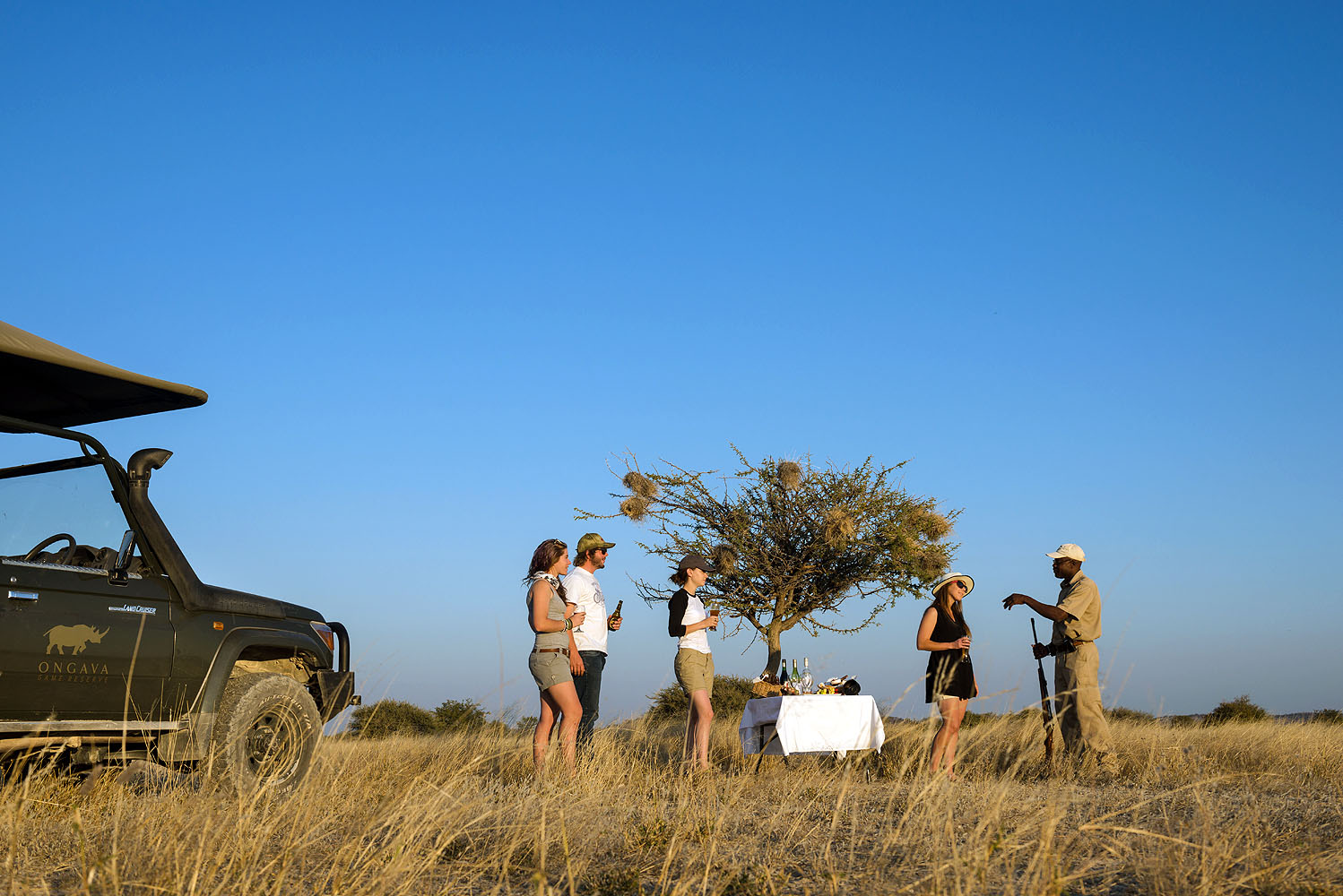 Reisende genießen einen Sundowner-Stopp während einer Safari in Namibia, begleitet von einem Guide neben einem Geländewagen in der Savanne.