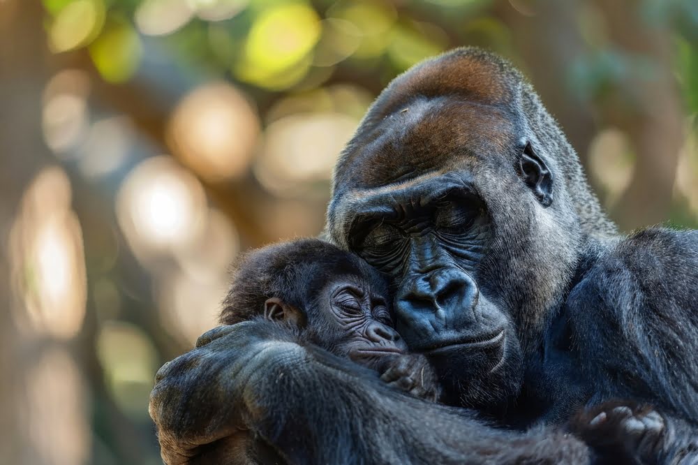 Berggorilla mit Jungtier im dichten Regenwald Ruandas – eine der eindrucksvollsten Tierbegegnungen Afrikas.